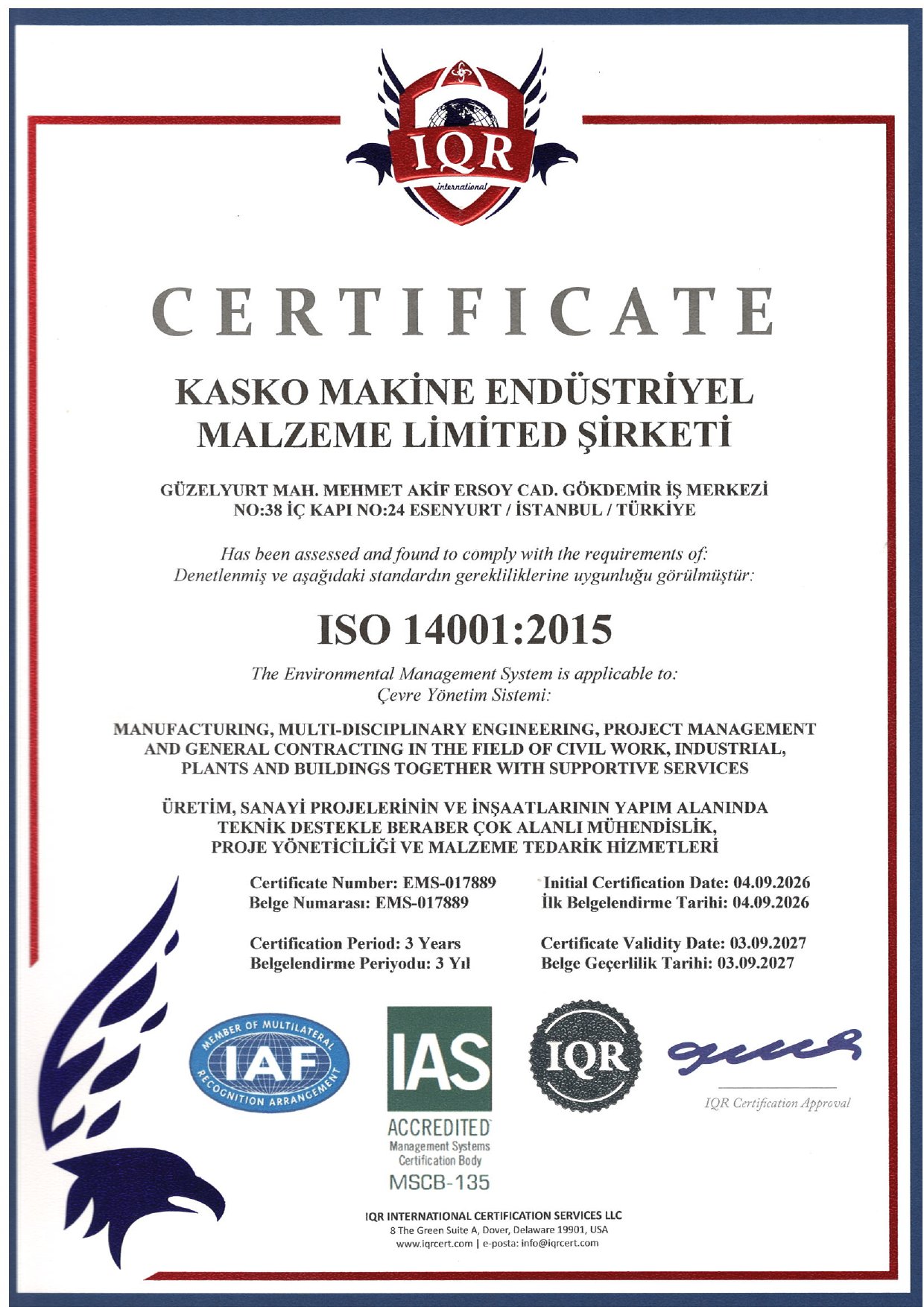 ISO 14001:2015 certificate — Environmental Management System