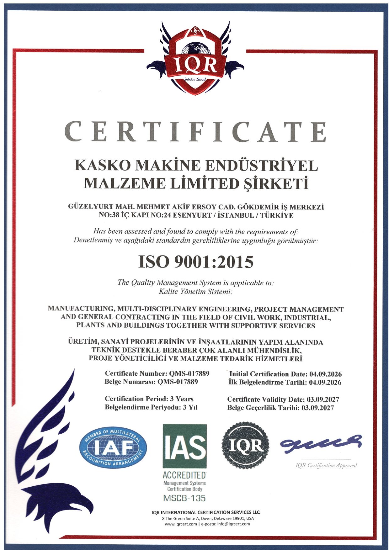 ISO 9001:2015 certificate — Quality Management System